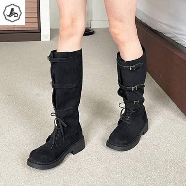 애슬릿 [애슬릿] 스웨이드 롱 부츠 버클 워커 여성 레이스업 둥근코