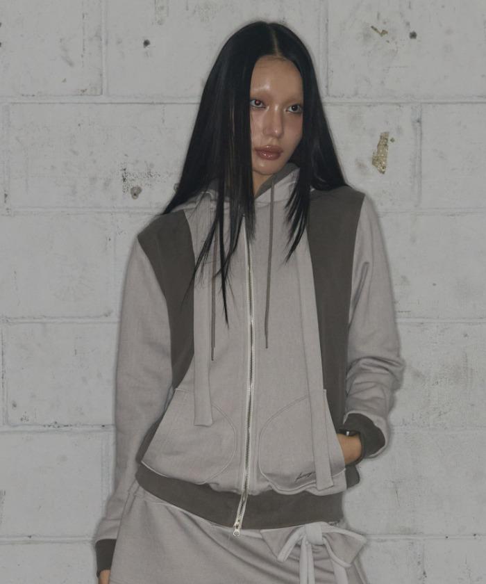 DYE-WASH LAYERED HOODED ZIP-UP (BROWN) F25ZA009