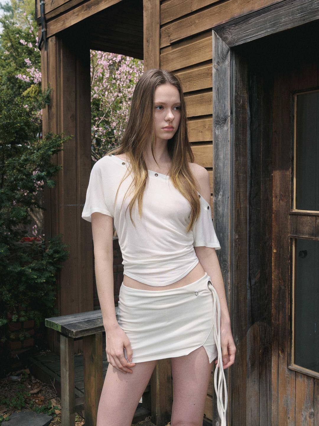 Harry Button Unbal Shirring Short Top (Ivory)