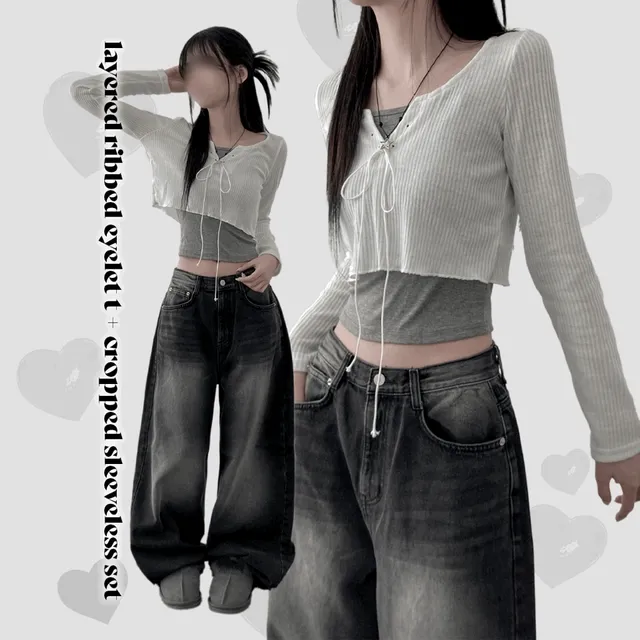 layered ribbed eyelet t + cropped sleeveless set [ 레이어드 여름 나시 티 + 아일렛 크롭 가디건 세트 ]