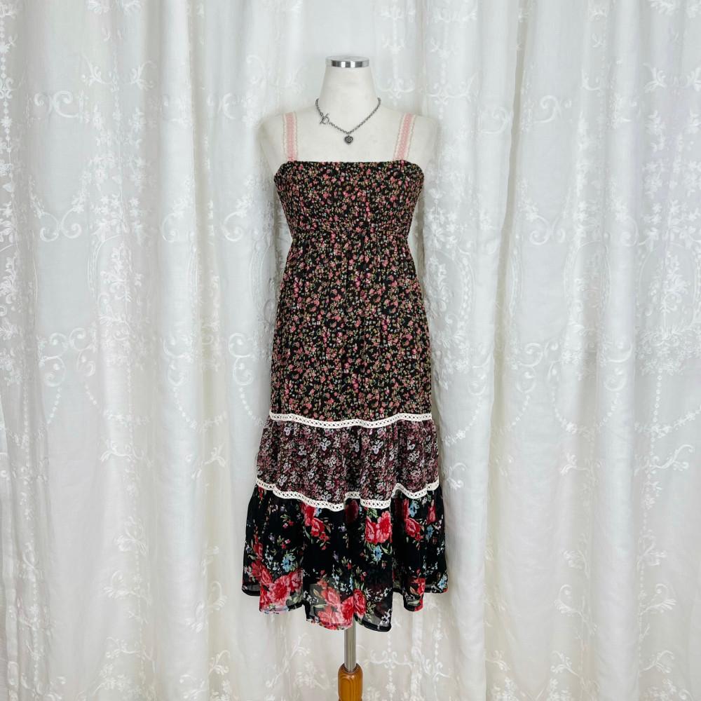 [중고] 1594 브라운 블랙 플라워 레이스 패치워크 끈원피스
