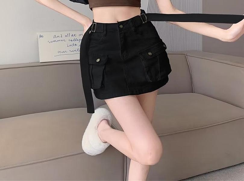 유유존 +비죠/바지안감/Y2K+ 포크너스커트 미니스커트 코튼스커트 카고스커트 빈티지 캐쥬얼 스트릿 유니크 스트랩 롱레그라인 데일리룩 캐쥬얼