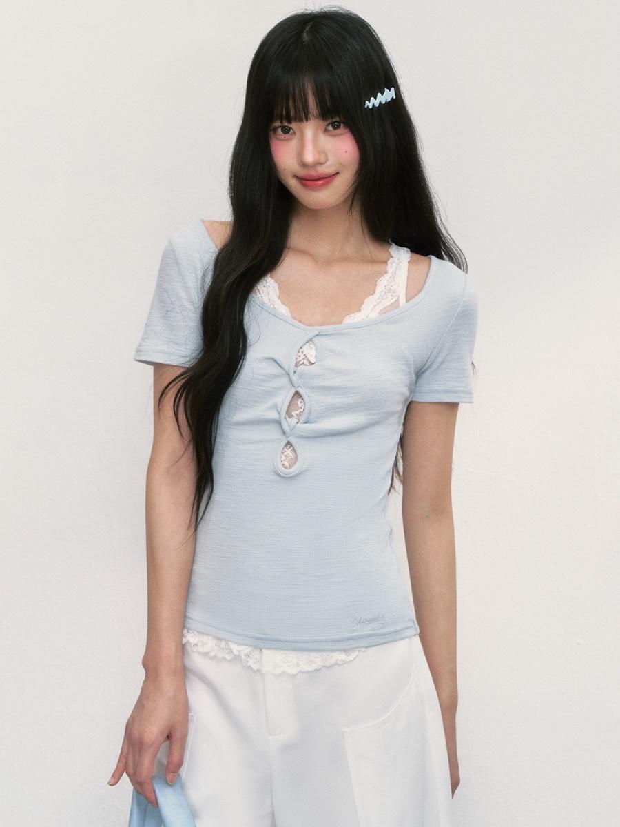 Weekendhub Powder Blue Lace Keyhole Tee
