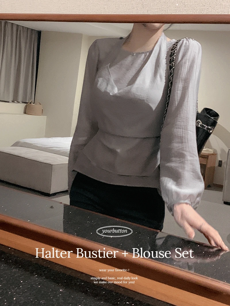 [set/하객룩🖤] 티페크 홀터 뷔스티에 + 블라우스 세트
