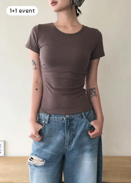 [-3kg 체형보정핏] (1+1) 슬림 옆셔링 반팔 티셔츠