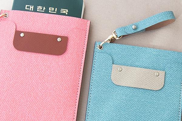 여권 지갑 파우치 케이스 보관 여행용 고리형 휴대용 편리한 심플한 헤링본 비건레더