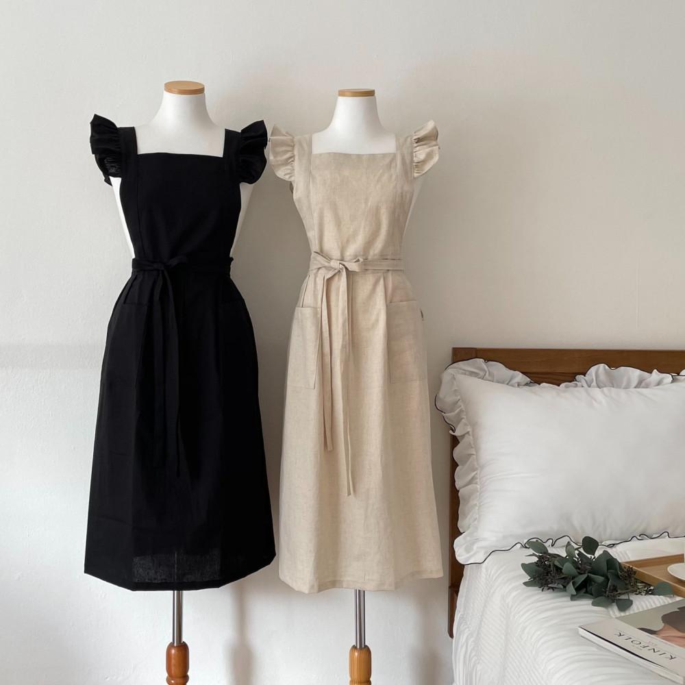 린넨 코튼 프릴 앞치마 원피스 롱 신혼 카페 예쁜 꽃집 집들이 에어프런 플로리스트 네일샵