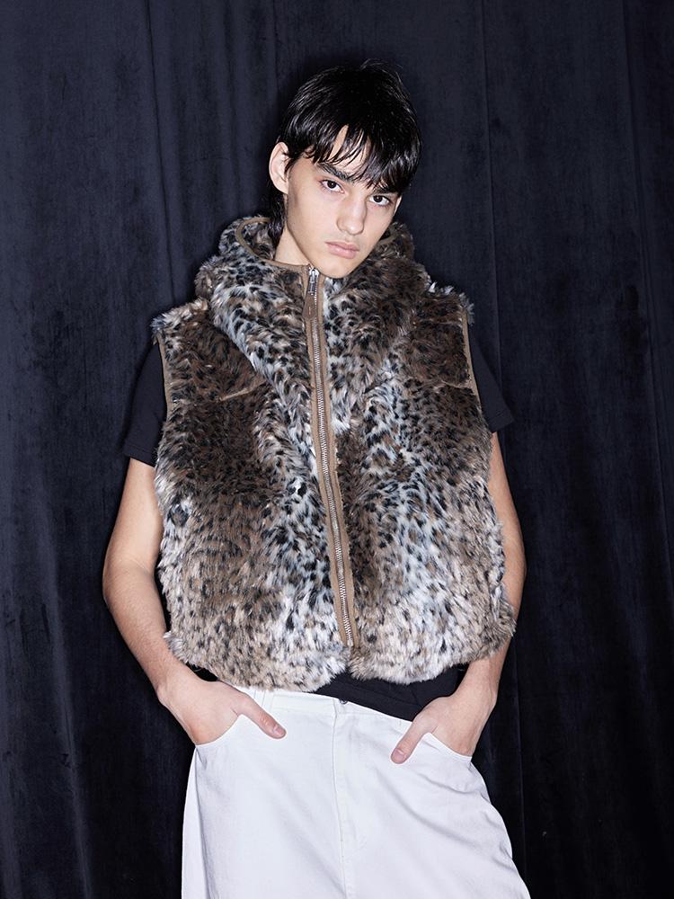 레오파드 퍼 후드 베스트
