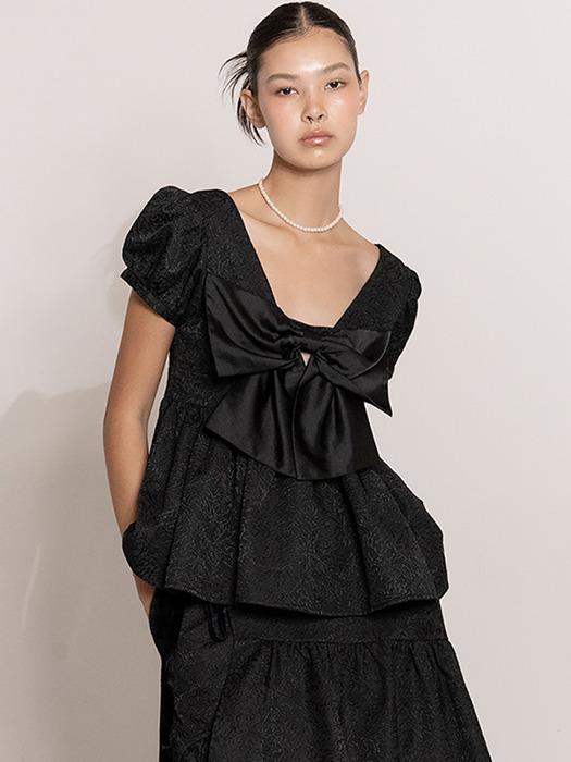Big ribbon trimmed cut out jacquard blouse