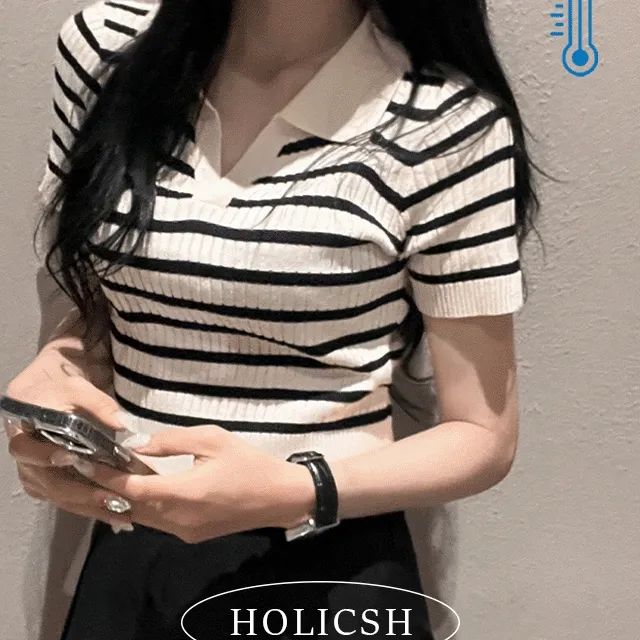 [당일출고❤재입고/팔뚝커버반쪽핏!]단가라 카라 스트라이프 니트 세미크롭 반팔티셔츠(여름옷 롱슬리브 골지셔츠 빅사이즈 오버핏 굴림 딱붙티 안비치는 기본스판 유넥브이 무지탄탄 키작녀)