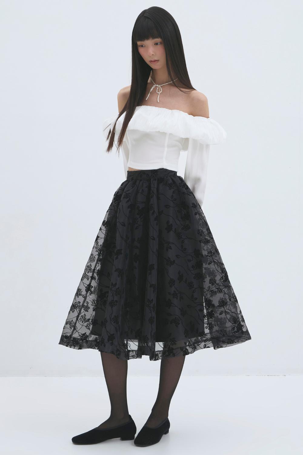 ORGANZA FLOCKING SHIRRING SKIRT_TT3W510BK