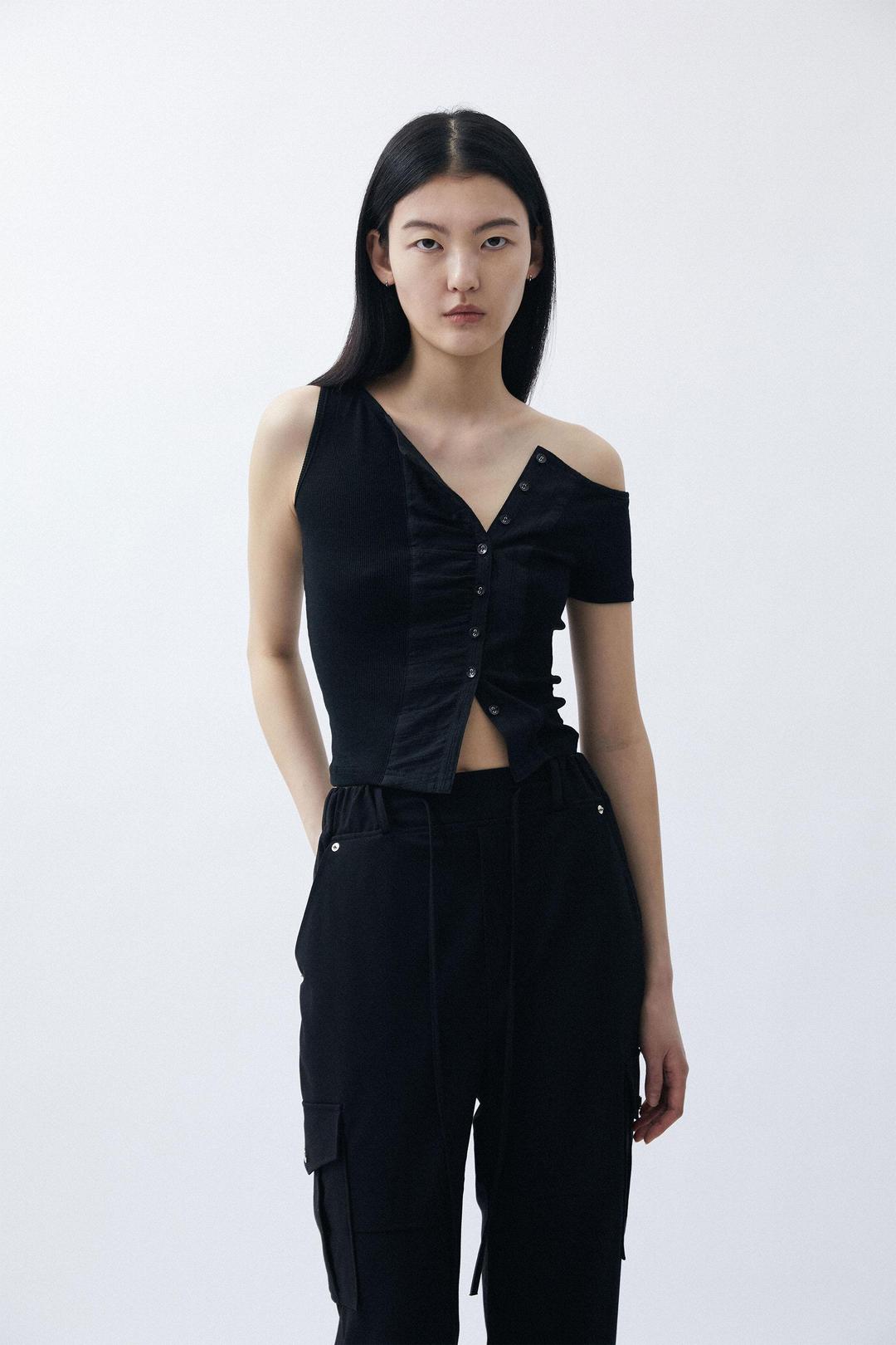 Unbalance Jersey button Sleeveless - Black