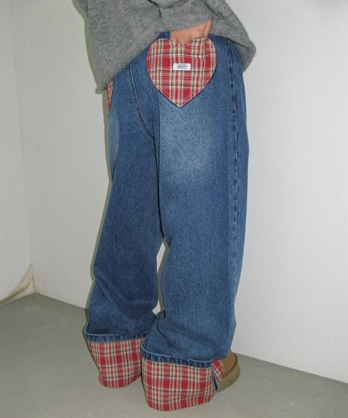 PATCH ROLL UP DENIM PANTS RED CHECK