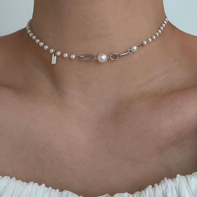 [MADE] uee 써지컬스틸 진주 유니크 초커 목걸이