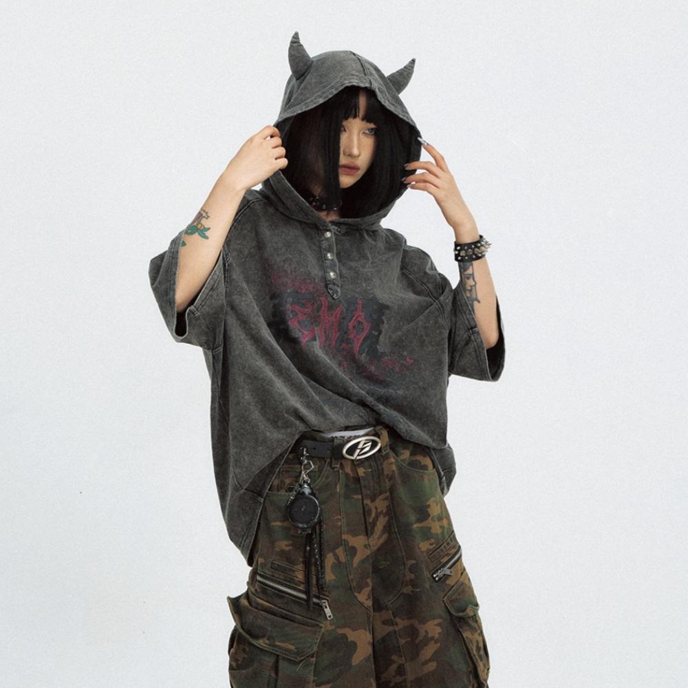 PEOPLESTYLE Dark Little Devil 워싱 그레이 악마 반팔 후드 티셔츠