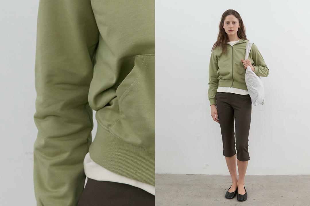 Easy layered hoodie zip-up (olive green)