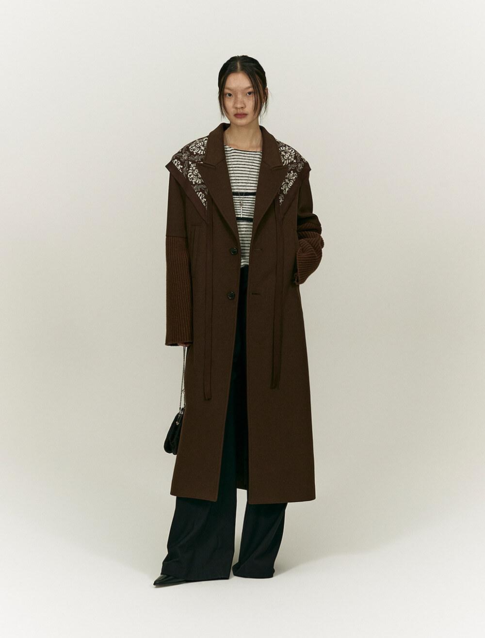 KNITTED COMBI SLEEVE LONG COAT [BROWN]