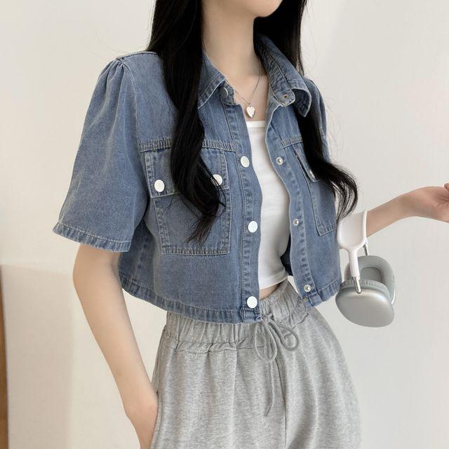 루지 퍼프 소매 데님 반팔 자켓_코튼로그