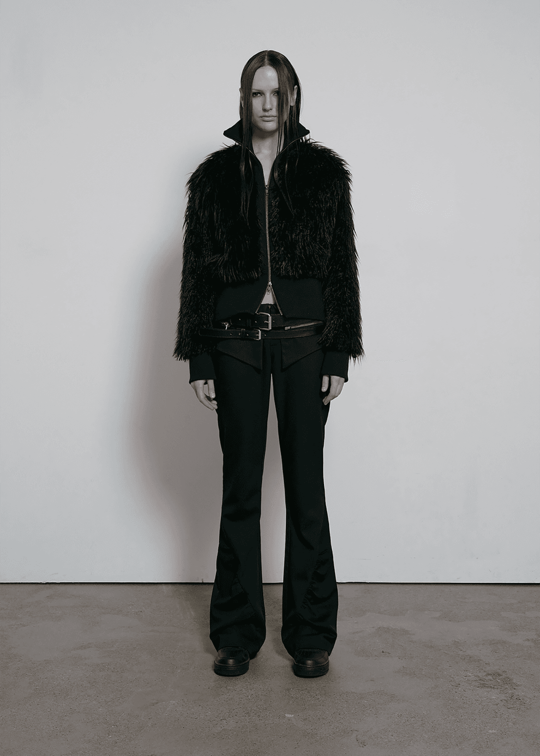 HIGH NECK FUR ZIP UP JACKET, BLACK