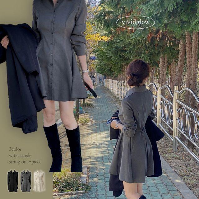 [허리잘록핏/심쿵뒷태] 셔츠원피스 플레어 스웨이드 연말룩 하객룩 카라 끈 원피스_비비드글로우