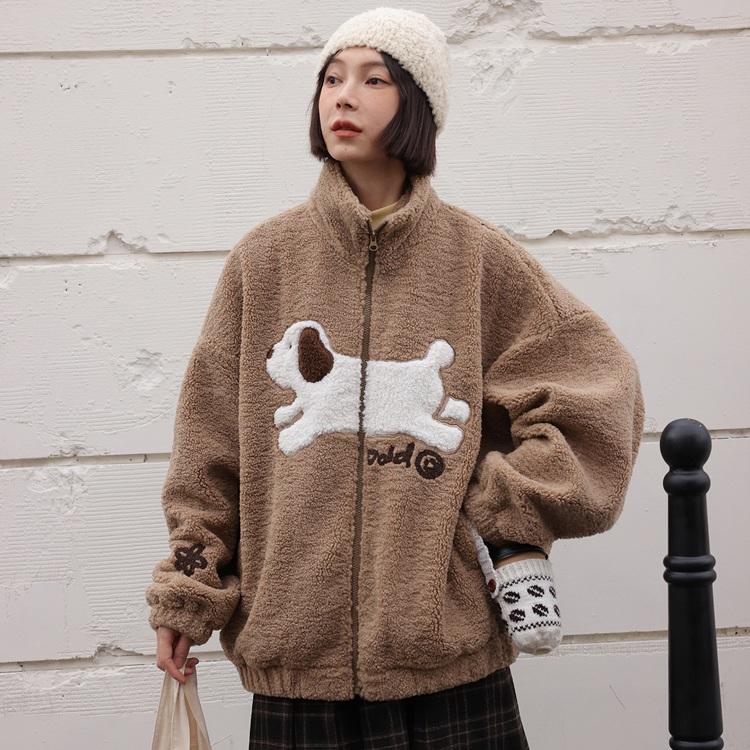 ODD MAKER 플리스자켓 강아지 자수 패치 커플 뽀글이 후리스 자켓