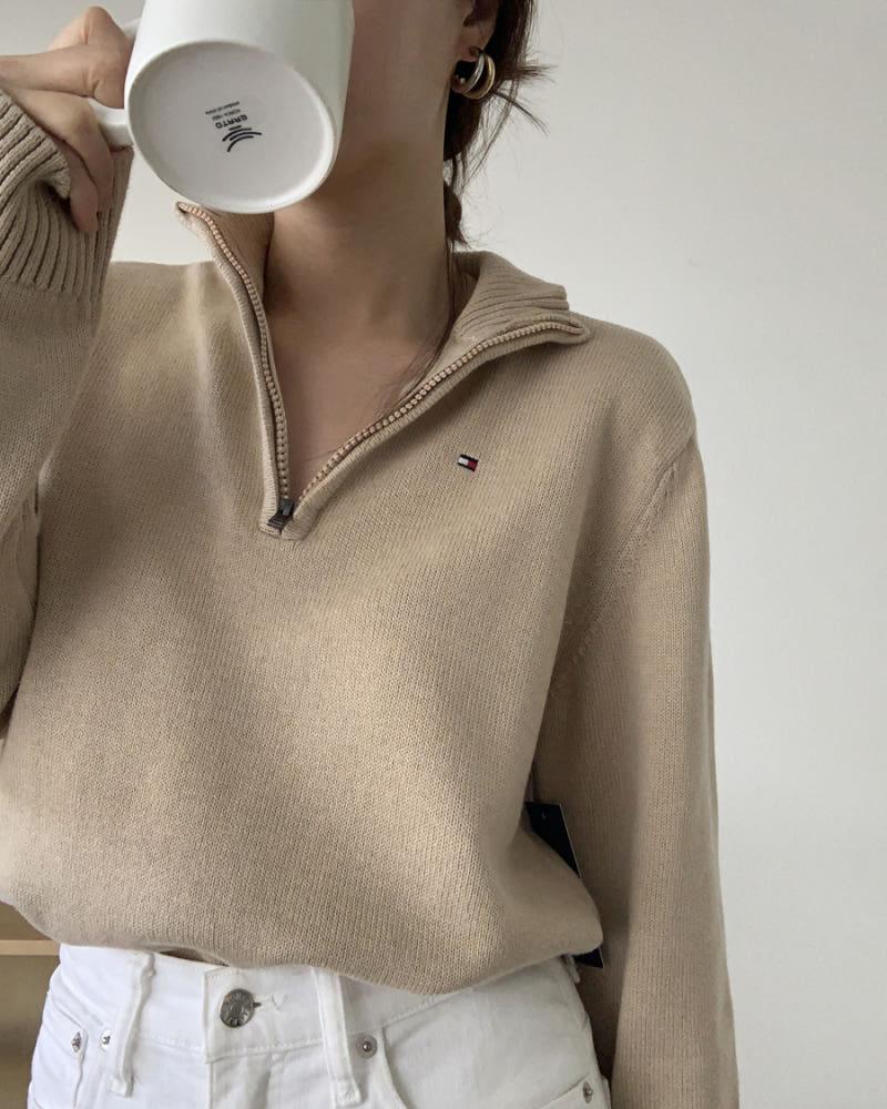 타미힐피거 여성 보이즈 미니플래그 코튼 반집업 니트 3컬러