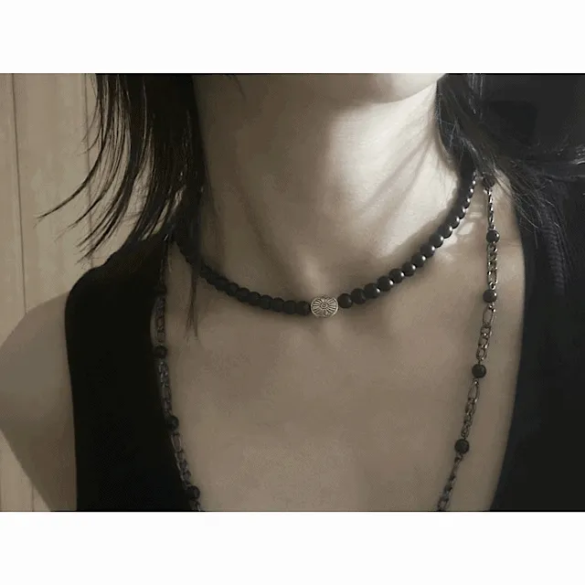 주문폭주 [Handmade/주말최저가할인] 빈티지 연꽃 무광 블랙 원석 써지컬 목걸이 레이어드 목걸이 우정템 커플템