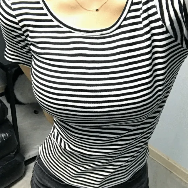 [1+1할인/최저가] 라운드넥 단색 스트라이프 단가라 반팔t