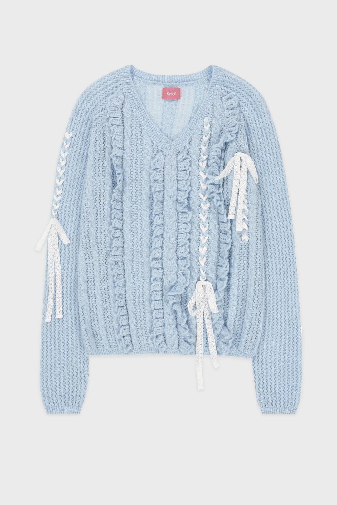 Crochet Ribbon Tie V-Neck Pullover (Light Blue)