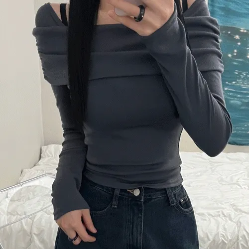 semi off-shoulder shirring fleece tee (4color)