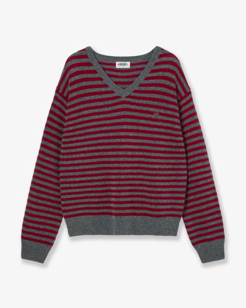 STRIPE V-NECK KNIT PULLOVER [GREY]