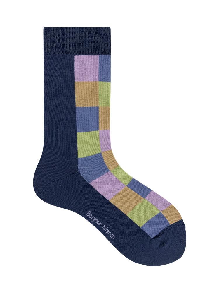 봉주르마치 파스텔 체크양말 포인트양말 여성양말  Square socks_navy