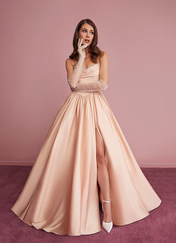 BEADED SWEETHEART COWL DROPWAIST STRETCH SATIN BALL GOWN - Wedding Dresses