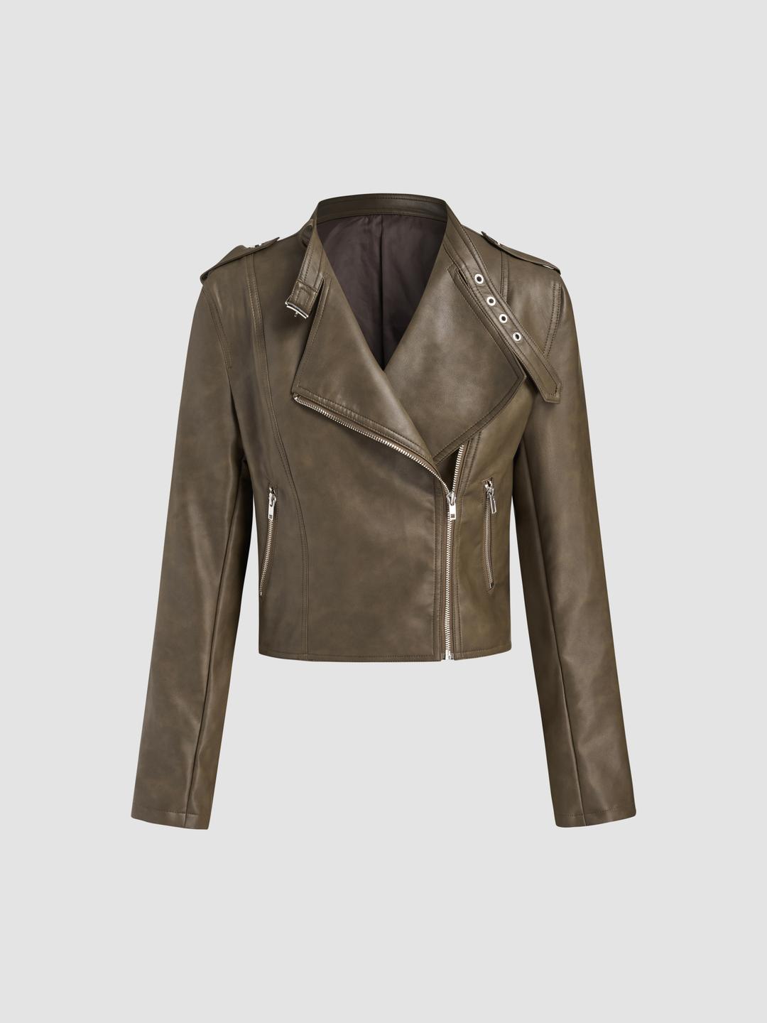 Faux Leather Collar Solid Pocket Zipper Biker Jacket