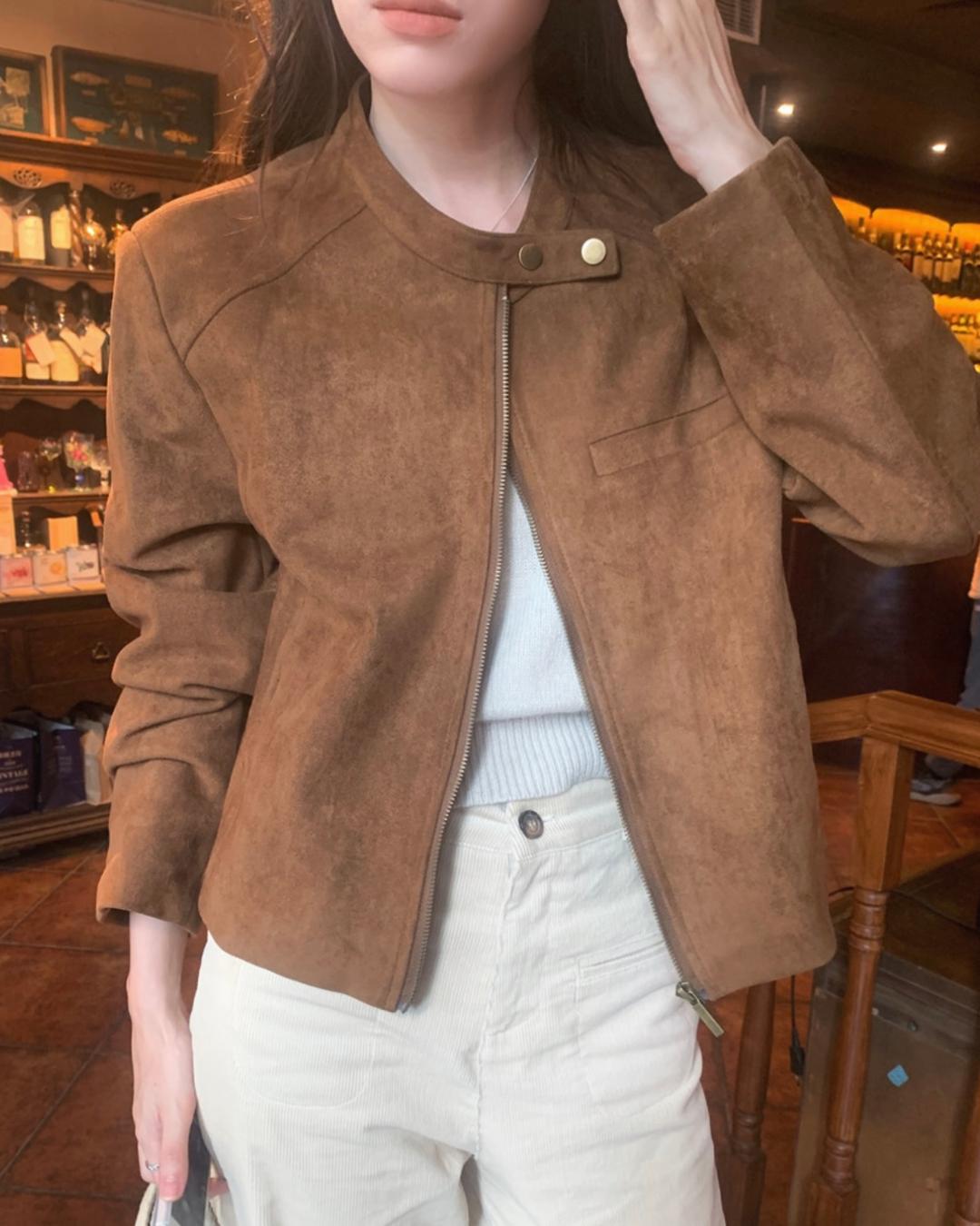 이포블리 [당일배송/간절기아우터] 스웨이드 블루종 노카라 숏 자켓 세무 가을 봄 크롭 가죽 점퍼 꾸안꾸