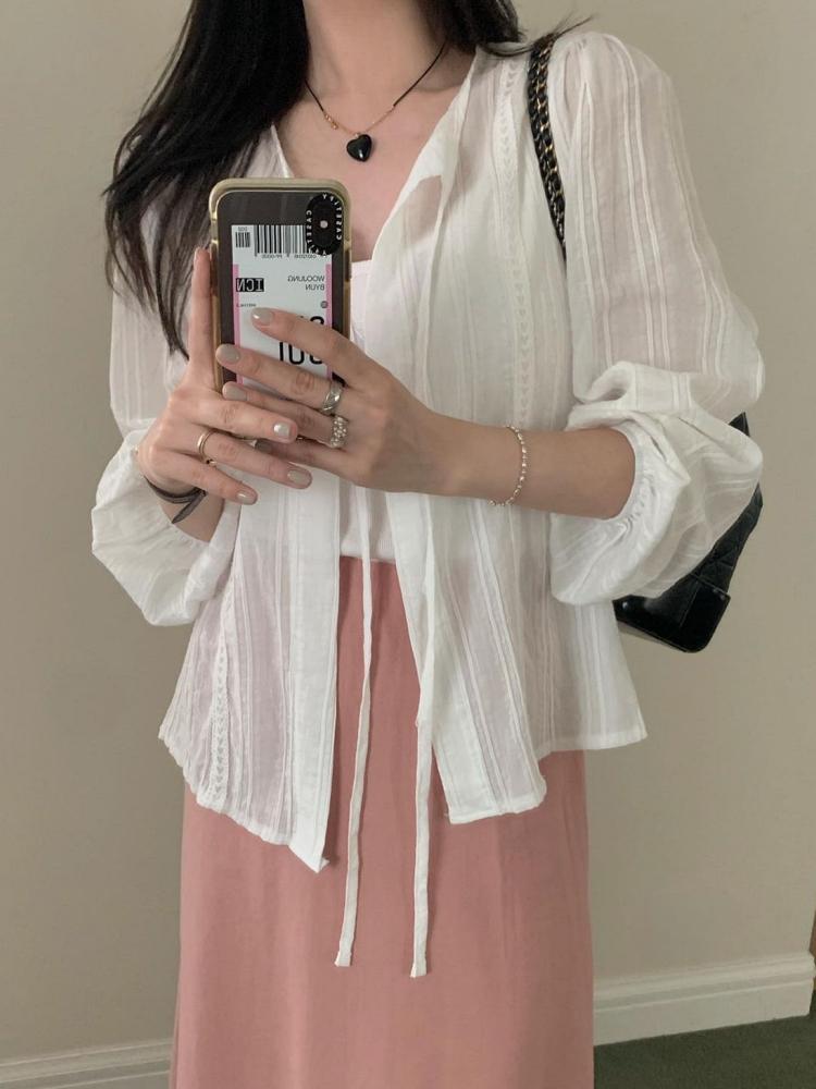 pyt 프리티영띵 큐피트 리본 하트 자수 레이스 블라우스 가디건 1color