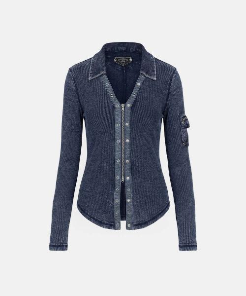 Viper Cotton Rib V-Neck Collared Zip-Up - Blue