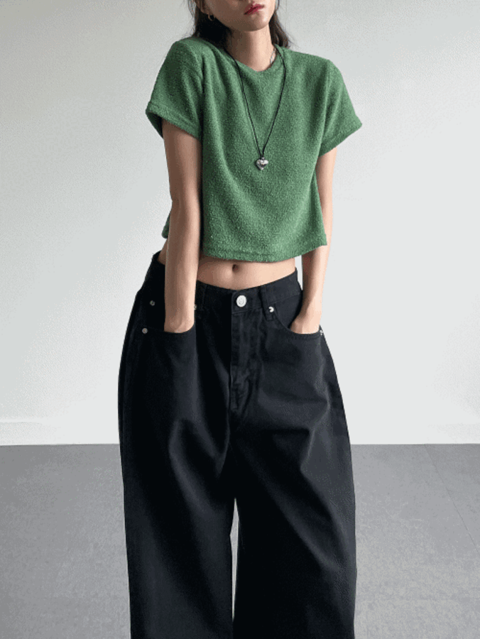 부클 테리 크롭 반팔 티셔츠