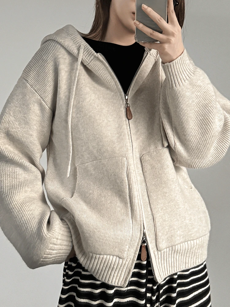 당출🚀[high-quality] 소프트 니트 가죽 투웨이 지퍼 루즈핏 후드집업 3color