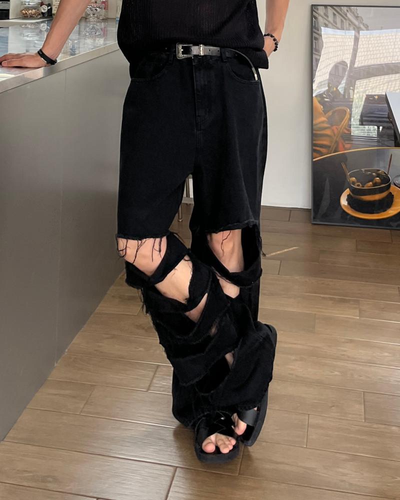 (프리미엄)블랙 찢청와이드