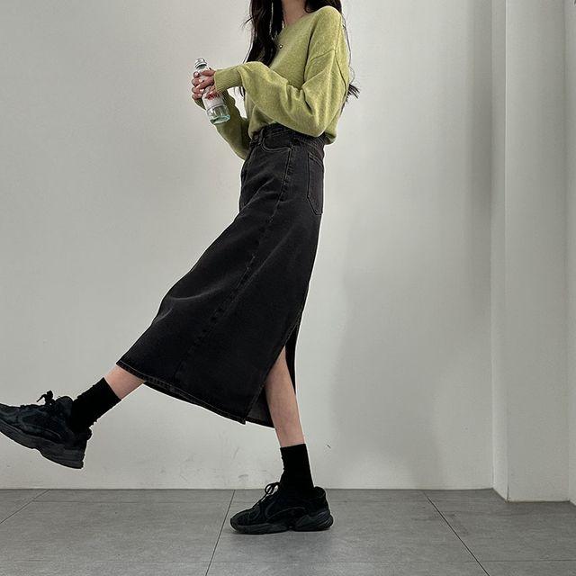 ~XL 스탠다드 뒷트임 난스판 데님롱 스커트_피치콩