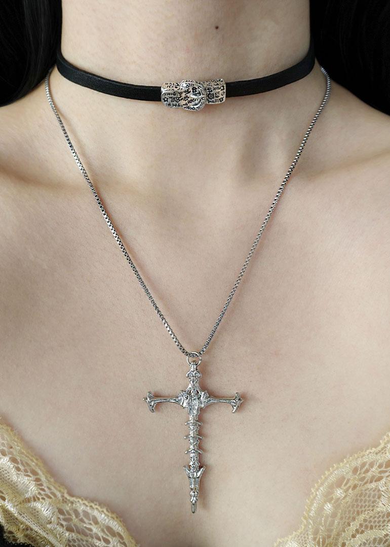 [2type] choker & cross necklace | 블랙 가죽 초커 & 가시 십자가 목걸이