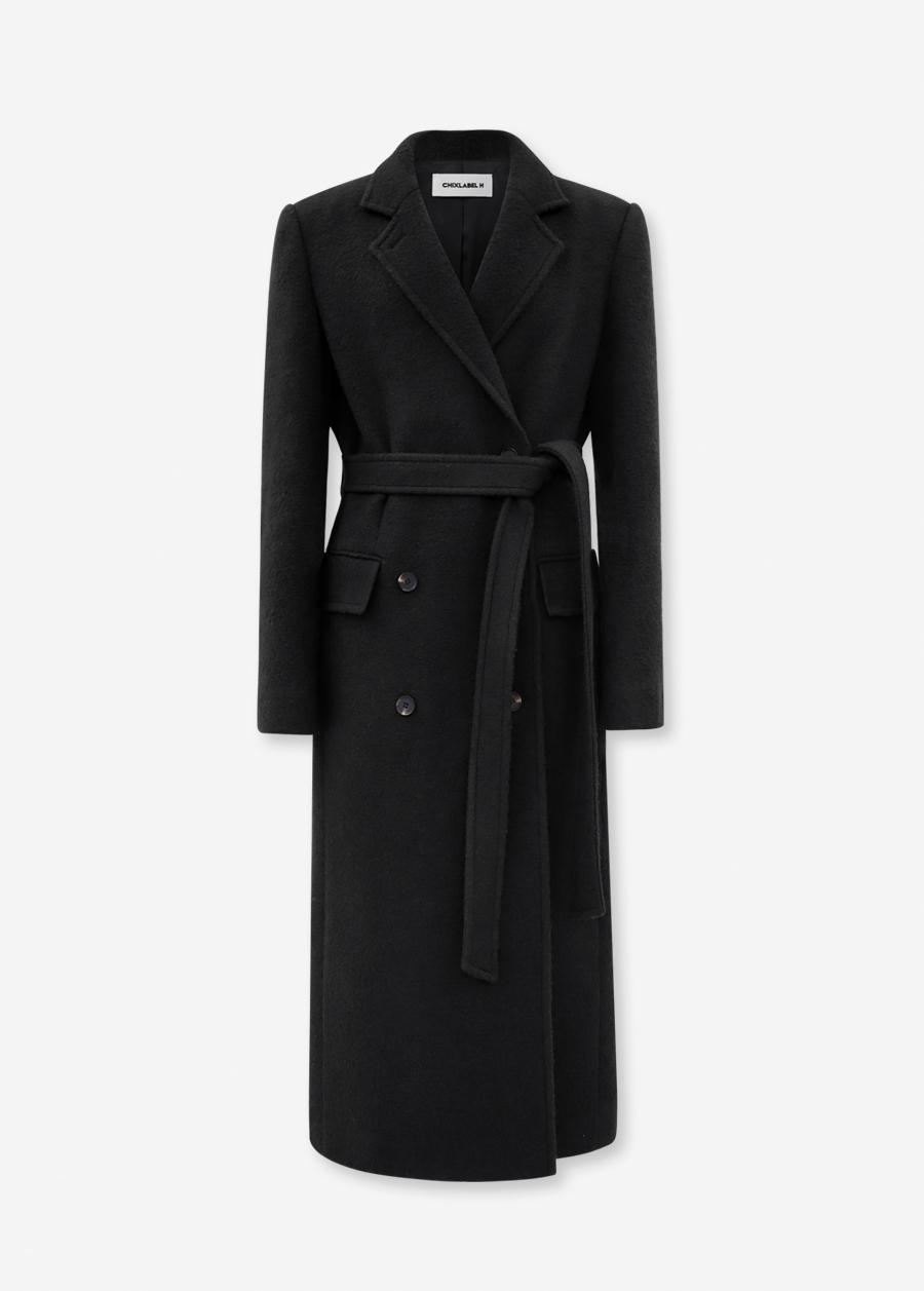 CHIXLABEL H 베른 부클 더블 브레스티드 롱 코트 - Black