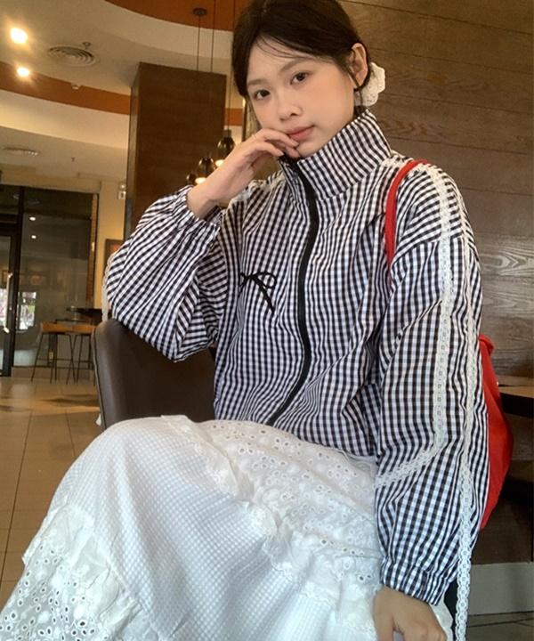 허니퓨어 [가을신상🤎/귀여워요]미미츄 리본 트랙라인 잔체크 루즈핏 바스락 집업 점퍼