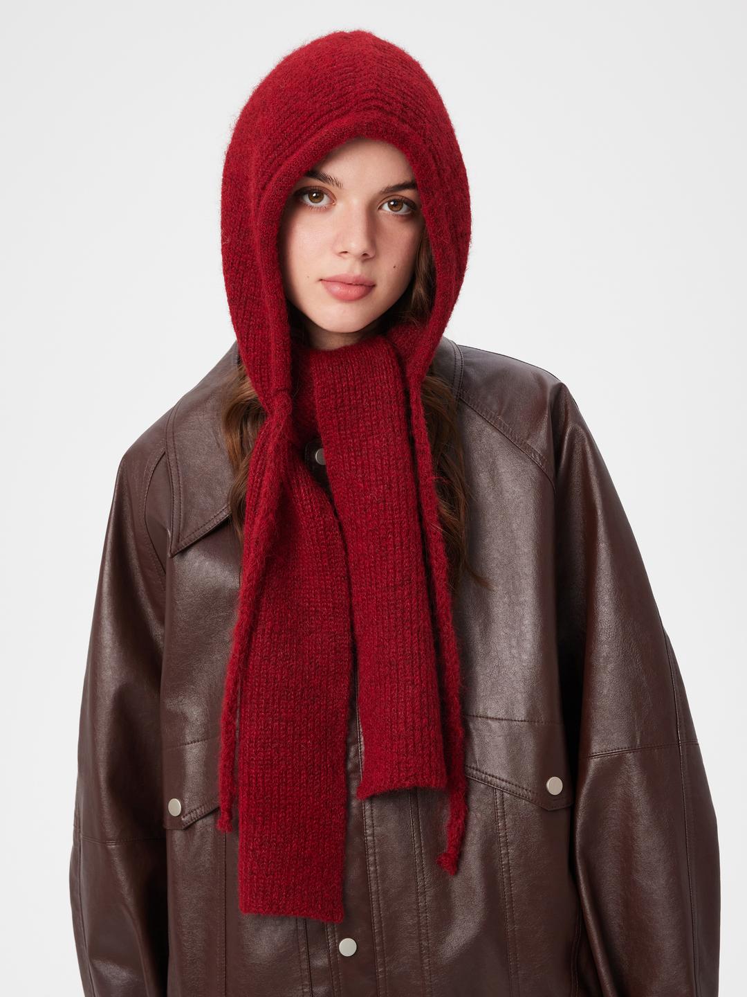 DRAWSTRING WOOL BEANIE HAT WITH SCARF