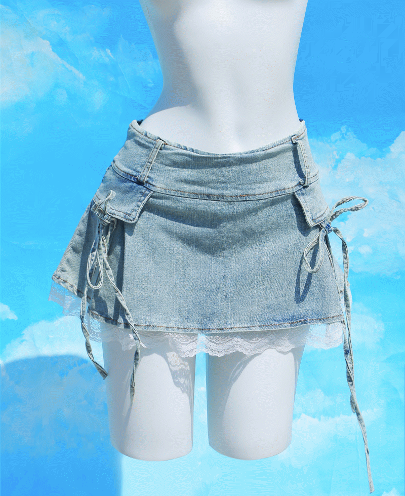 비스크돌 ྀི2cdor  ྀི 알고리즘 청량 데님 로우라이즈 리본 청치마 (큐롯팬츠,스커트,건빵치마,y2k,연청,아이돌룩,댄스,캠퍼스룩,수학여행,데이트룩)