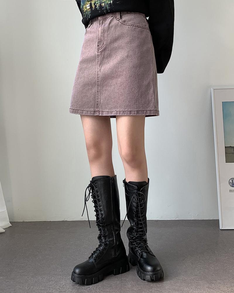 포니 핑크 피그먼트 워싱 데님 스커트