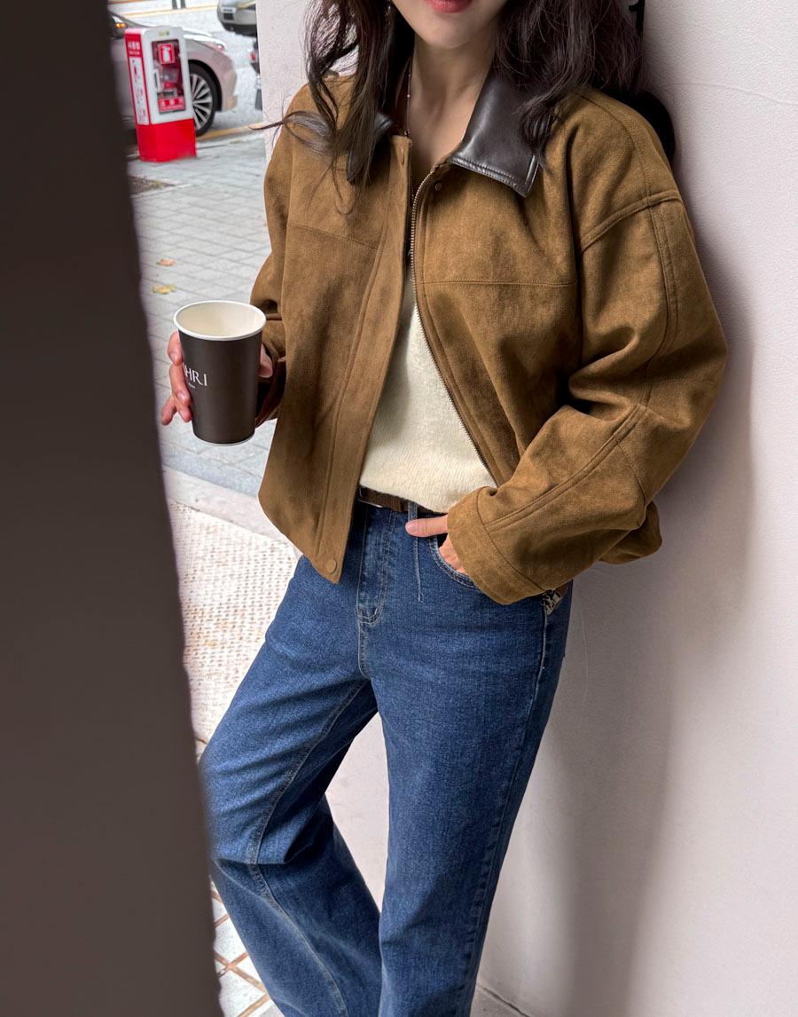 배색레더 스웨이드 블루종