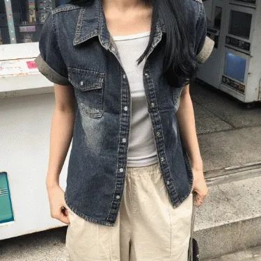 포켓 워싱 반팔 데님셔츠 (2color)