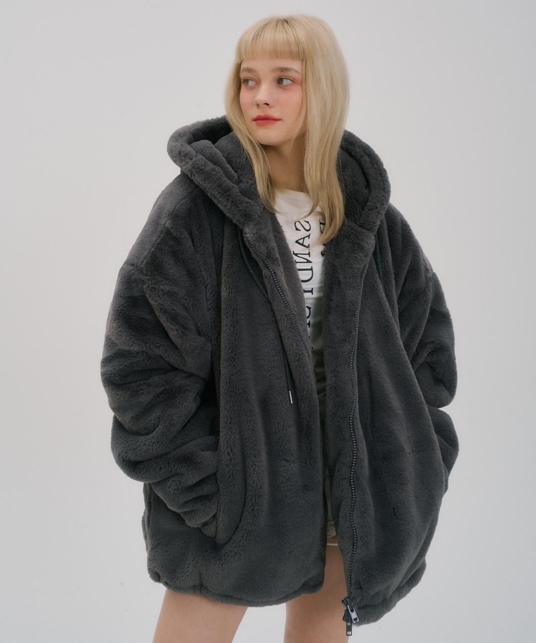 밍크 퍼 후드 점퍼 챠콜